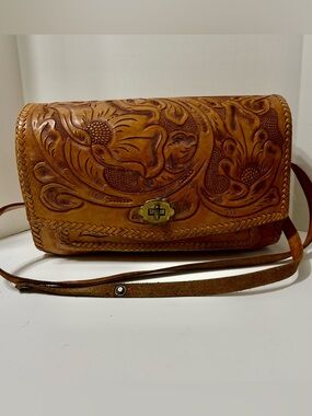 Hand-Tooled Vintage Brown Leather Hand Bag